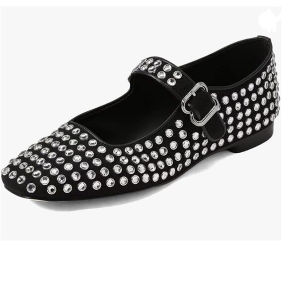XYD Black Studs Closed Square Toe Mary Jane Low Heel Single Strap Buckled Shoes - Picture 1 of 8